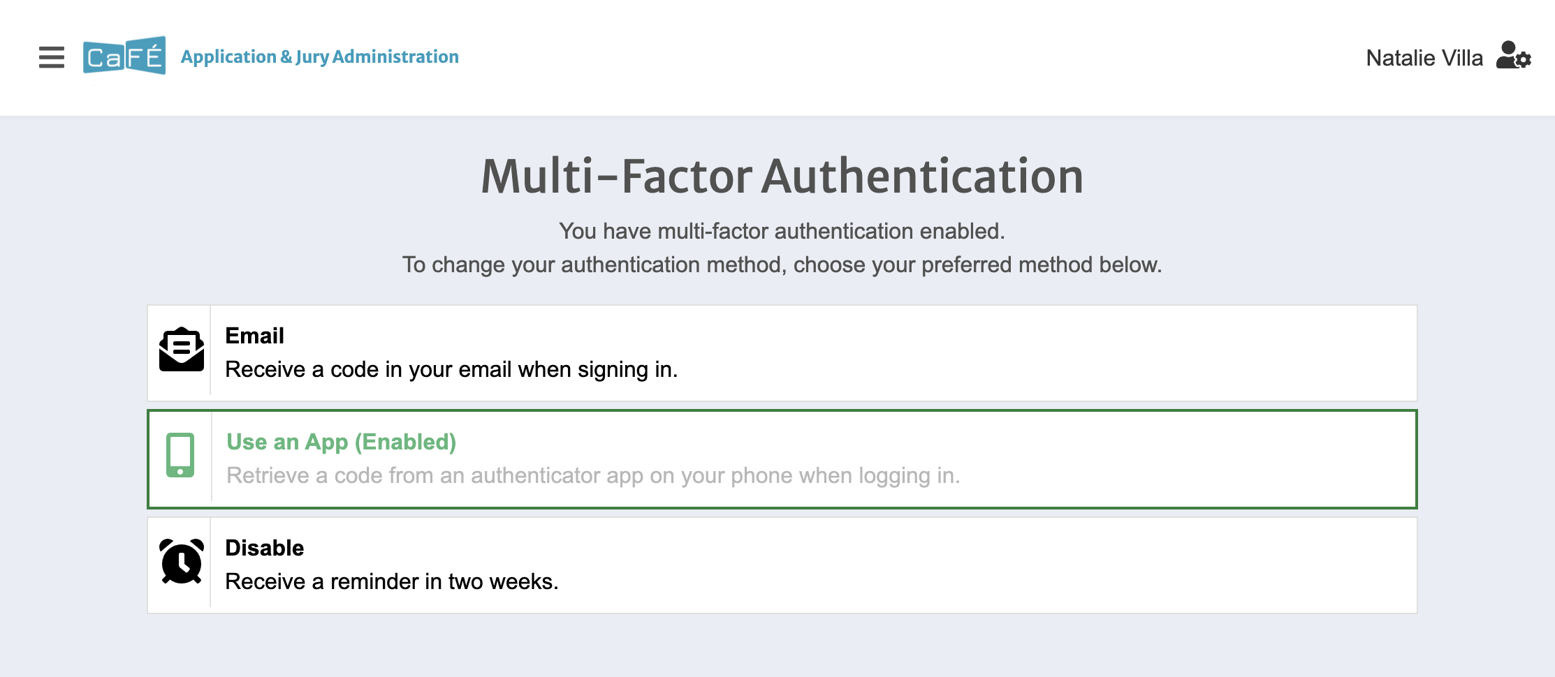 Page where users can change their MFA method with options for email, authenticator app and remind me later.