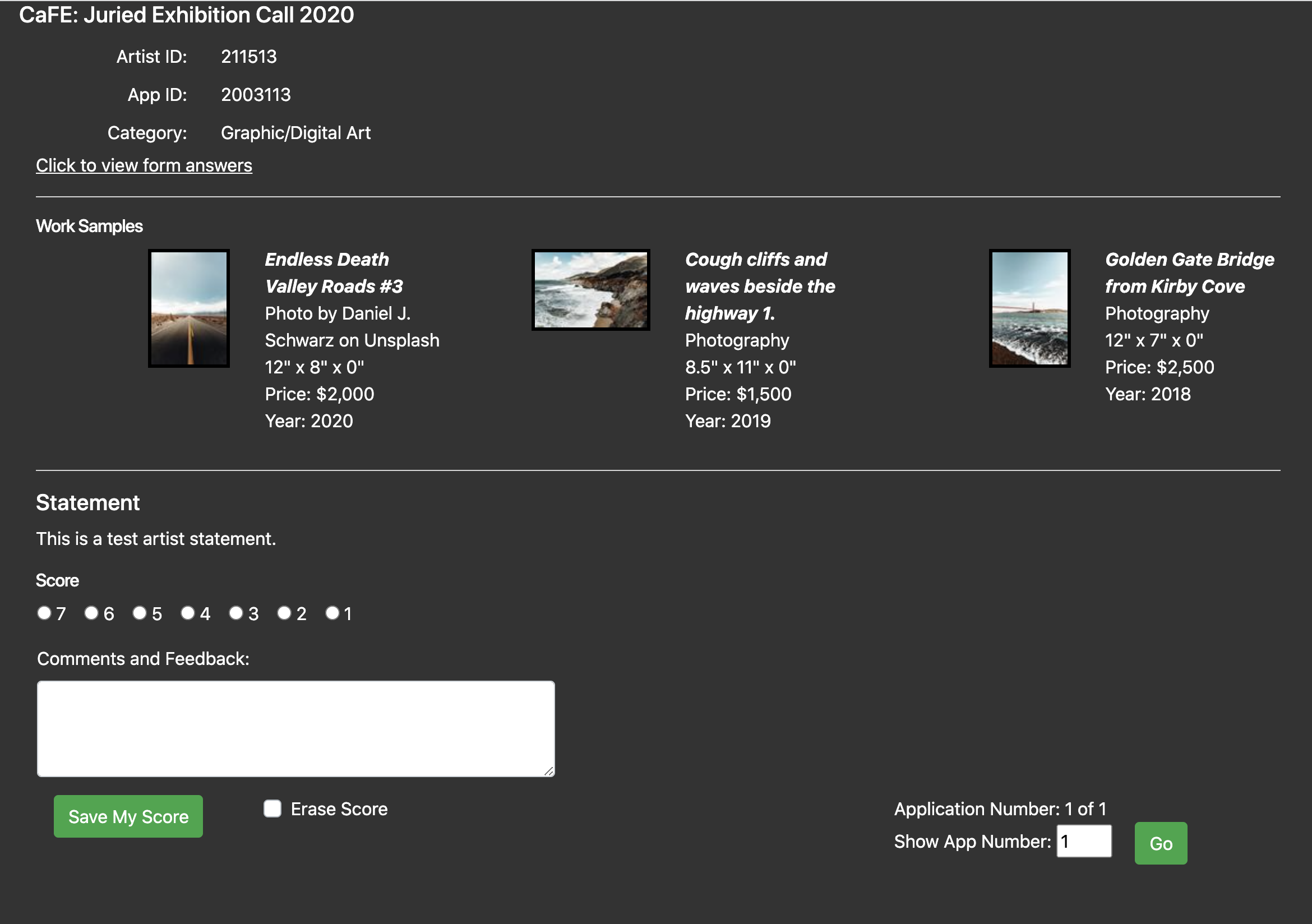 Screenshot of slideshow view; thumbnails with art information to the left on a dark background with scoring modules underneath