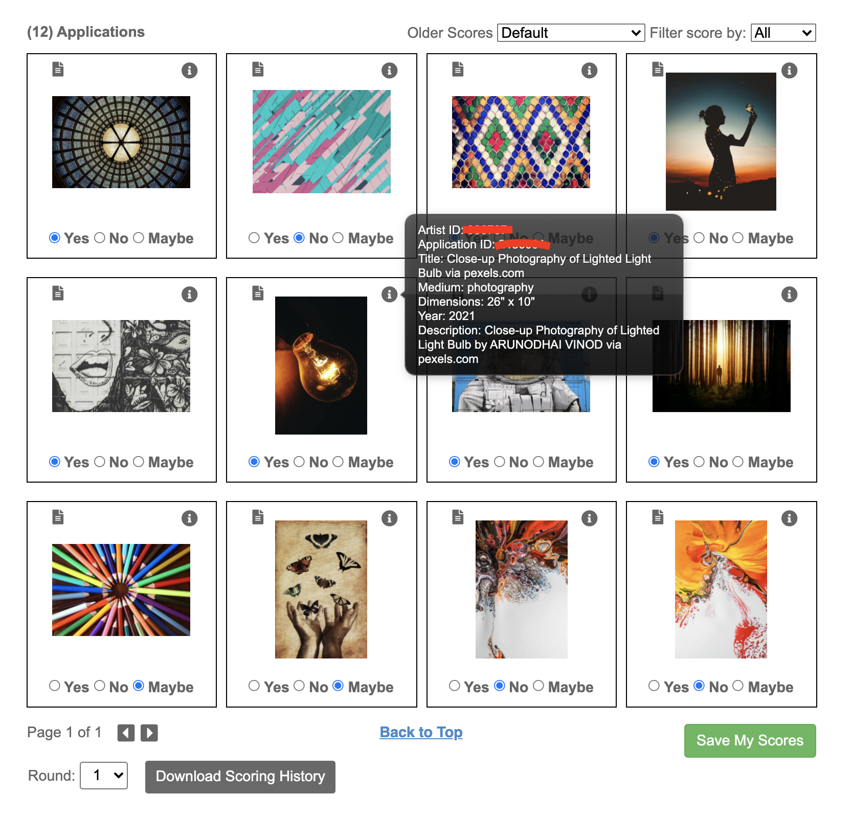 Screenshot of grid view, where thumbnails of art appear in a grid with scoring modules underneath and art info appears when you roll your mouse over the image