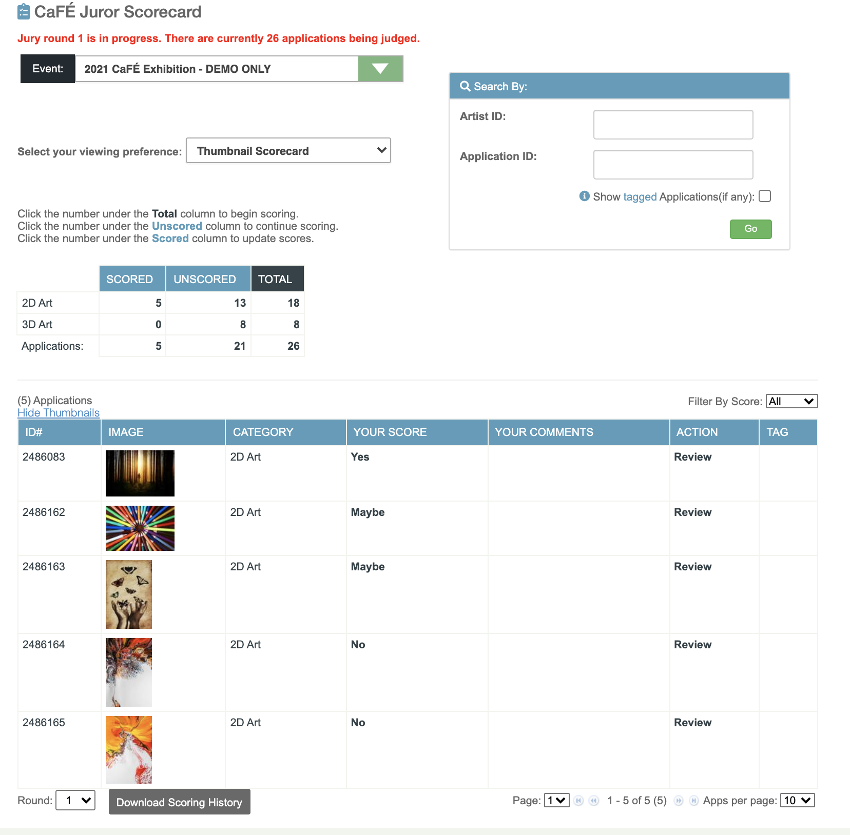 Screenshot of the scorecard table, with event information at the top and a table of scored artworks at the bottom