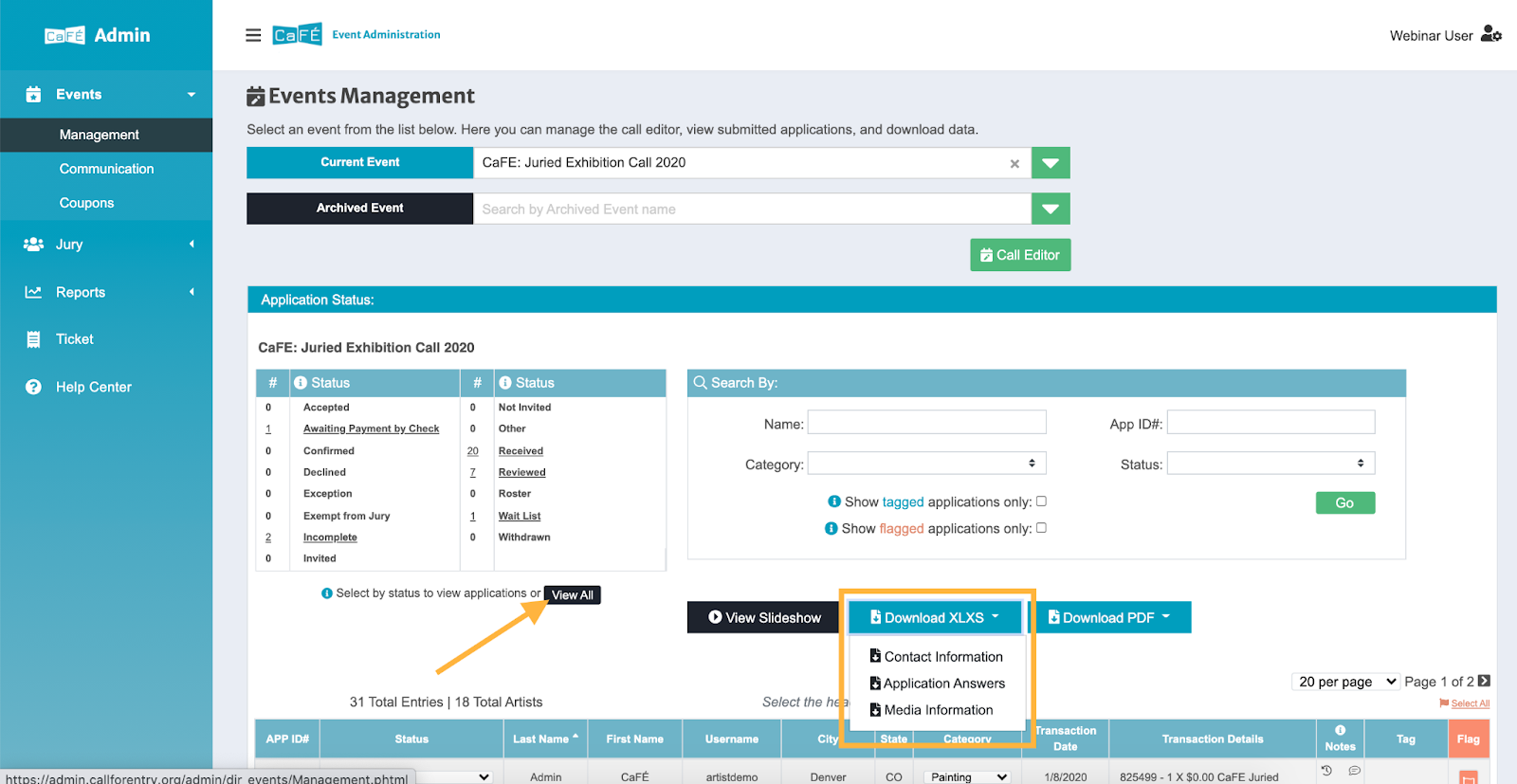 Screenshot of the Events Management Report