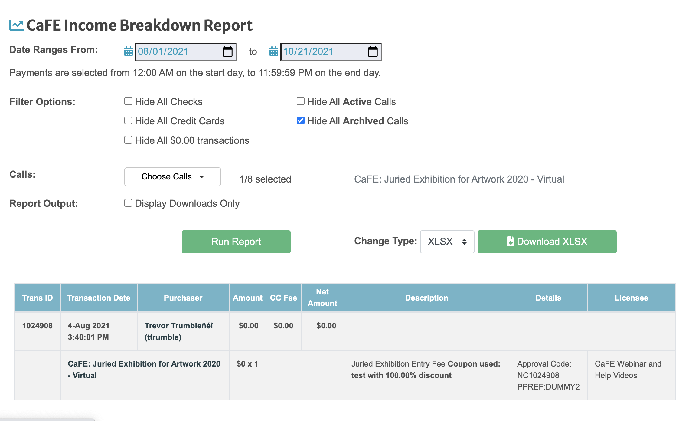 Screenshot of CaFE Income Breakdown Report