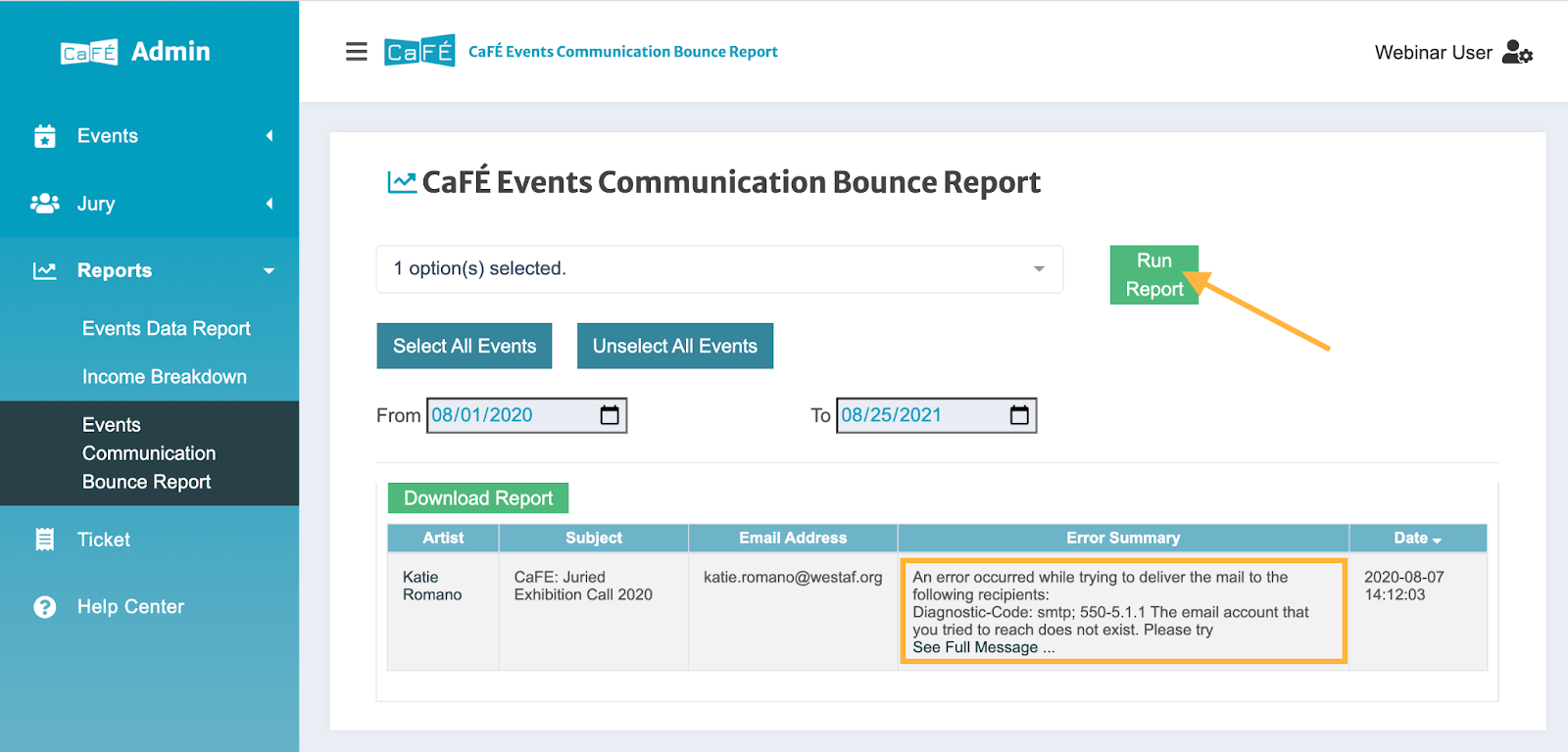 Screenshot of the Events Communication Bounce Report