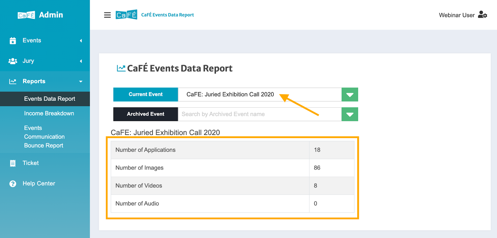 Screenshot of the Events Data Report