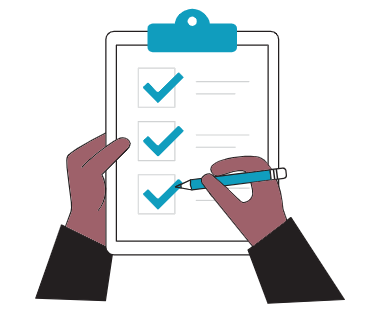 Simple illustration of dark brown hands holding a clipboard and a blue pencil, checking off items with a blue check mark