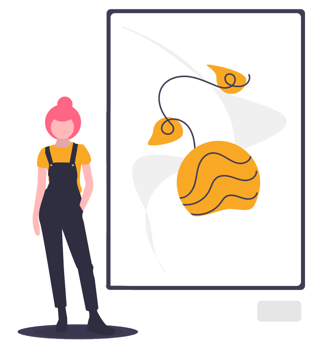 Illustration of a person with pink hair in a bun and overalls next to an orange, black, and cream abstract artwork