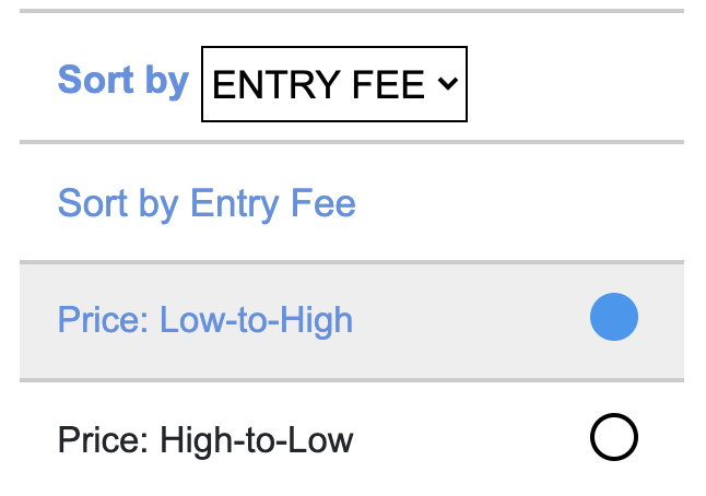 Screenshot of Sort Entry Fee Low to High