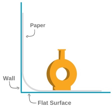 photographing artwork digital graphic depicting wall and flat surface at a 90-degree angle and a paper draped in between with ceramic vase sitting on top of flat surface.