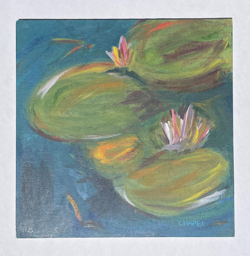 painting of lily pads taken in direct sunlight showing a bright cast of light over the painting