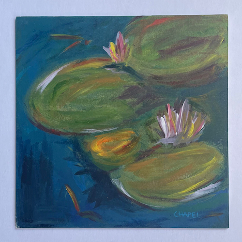 painting of lily pads photo taken in shade showing blue cast of light over the painting