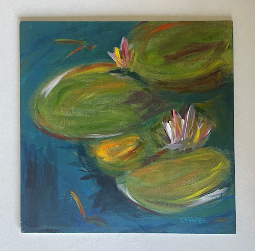 painting of lily pad photo taken in direct sunlight showing uneven lighting and shadows cast off the side of the painting
