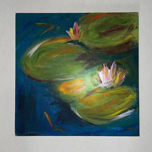 painting of lily pads photo taken with camera flash showing dark lighting cast and flash hotspot in center of painting