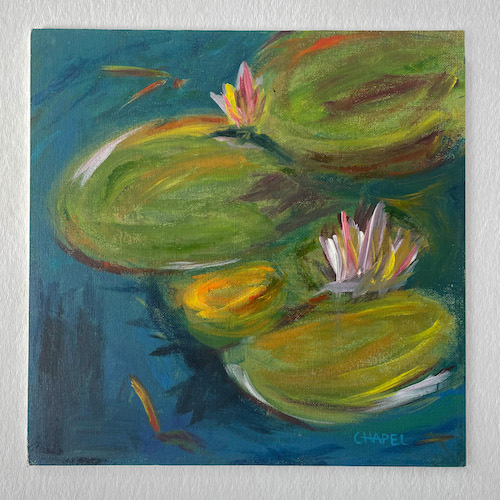 painting of lily pads taken in indirect light showing even lighting across painting