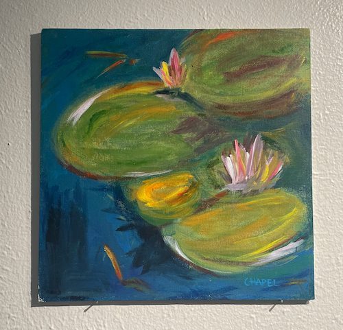 painting of lily pads photo take with one light source resulting in uneven lighting across the painting and shadows coming off the left side