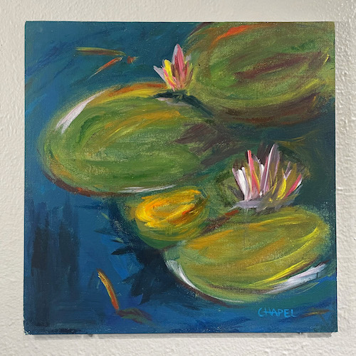 photographing artwork painting of lily pads photo taken with two light sources resulting in even lighting and minimal shadows