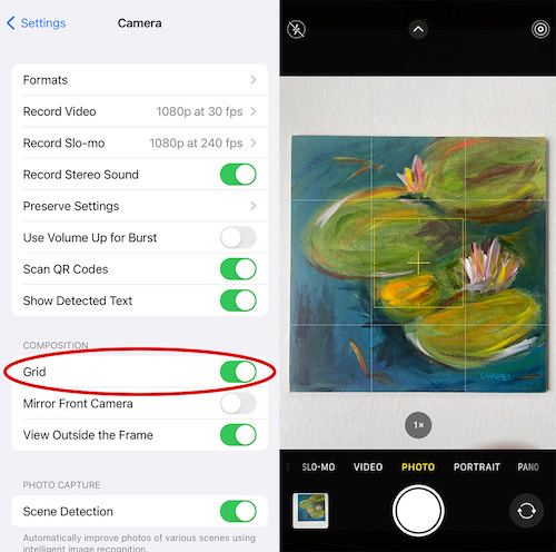 screenshot of iPhone settings page showing gridlines setting being turned on next to screenshot of iphone camera takinga photo with the gridlines enabled