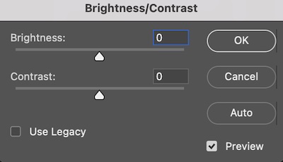 screenshot of photo editing software showing brightness and contrast settings