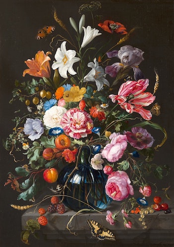painting of a blue vase filled with several types of colorful flowers, plants, and fruits in front of a gray backdrop