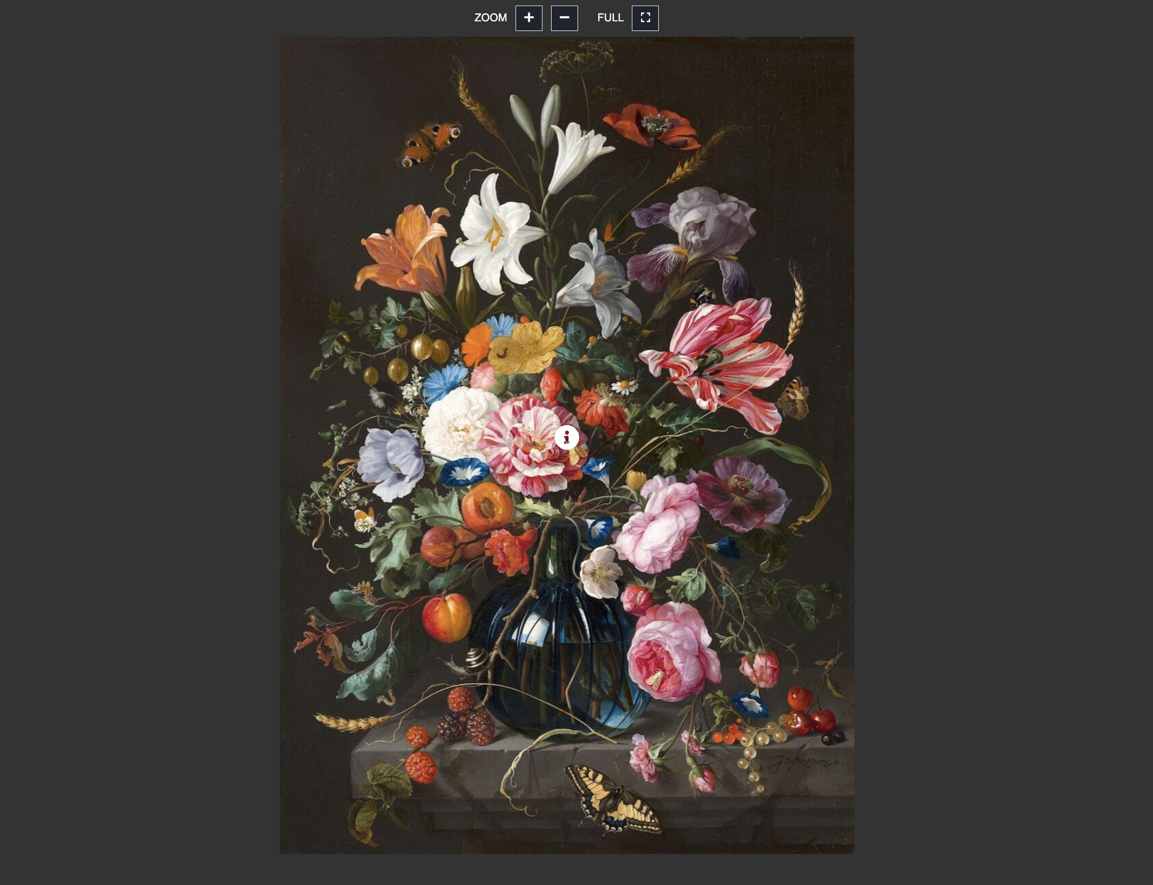 image of painting of vase with lots of flowers and fruits showing full view zoomed out