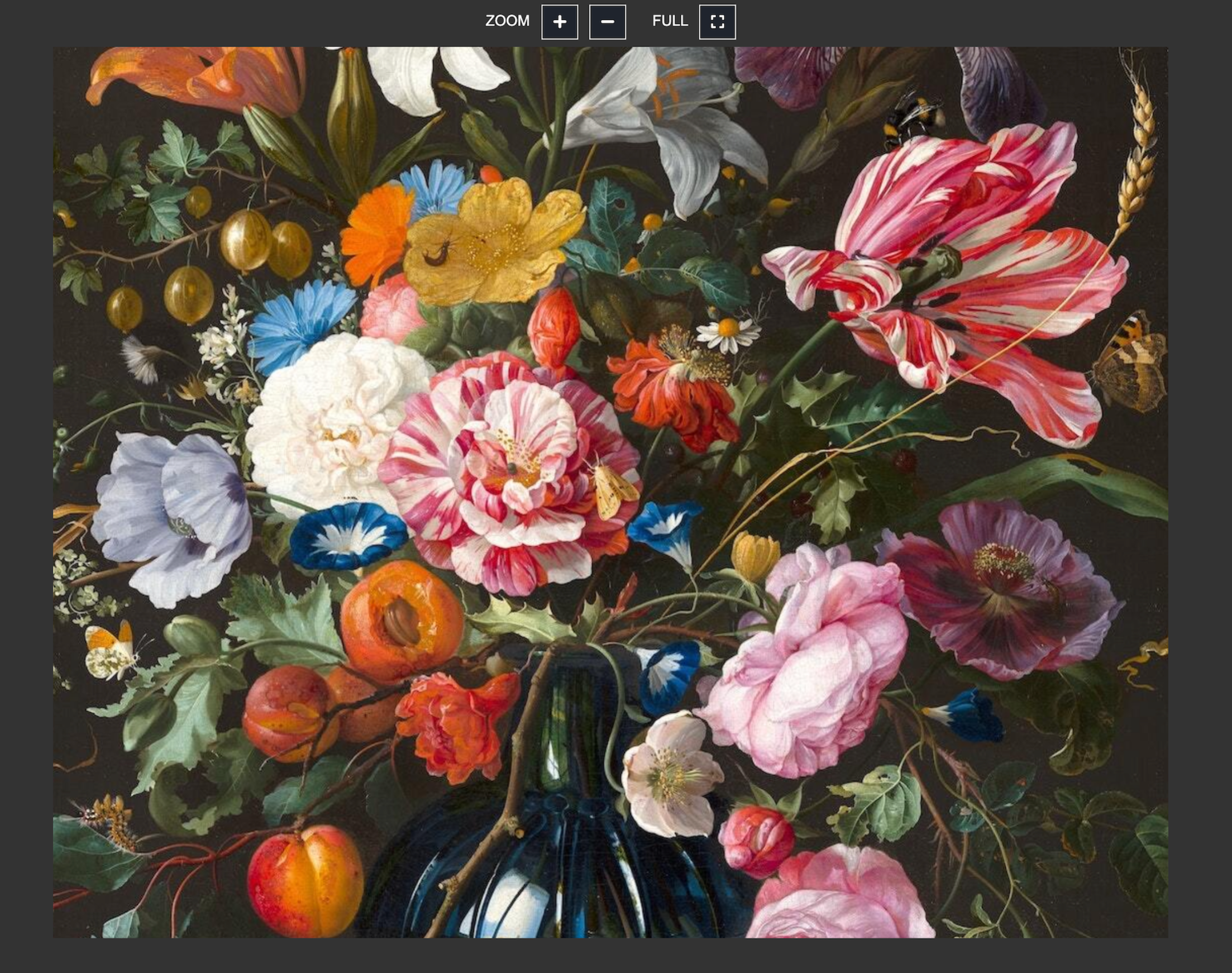 painting of a vase with colorful flowers and fruit, image is zoomed in to show added detail