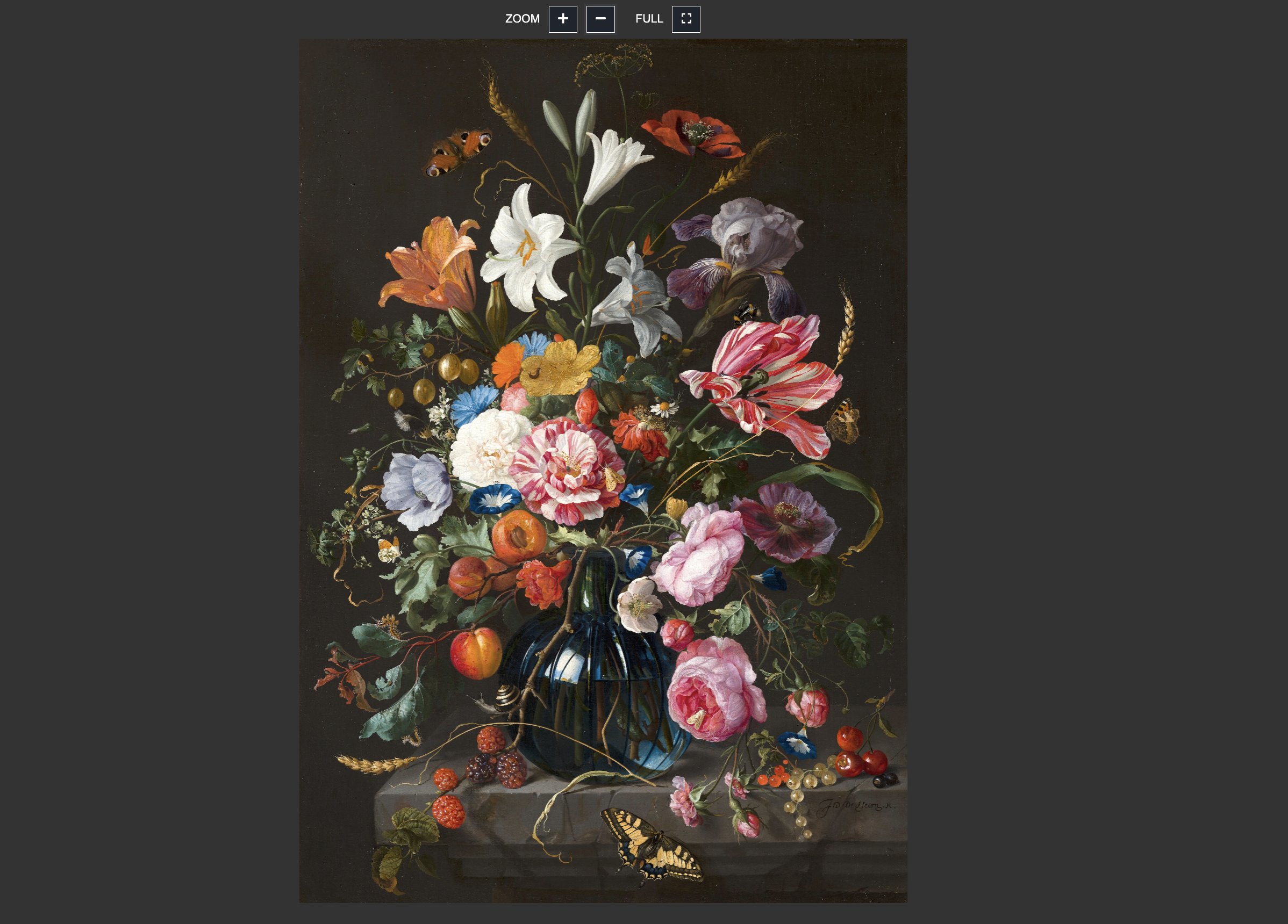 painting of a vase with colorful flowers and fruits zoomed out to show entire painting