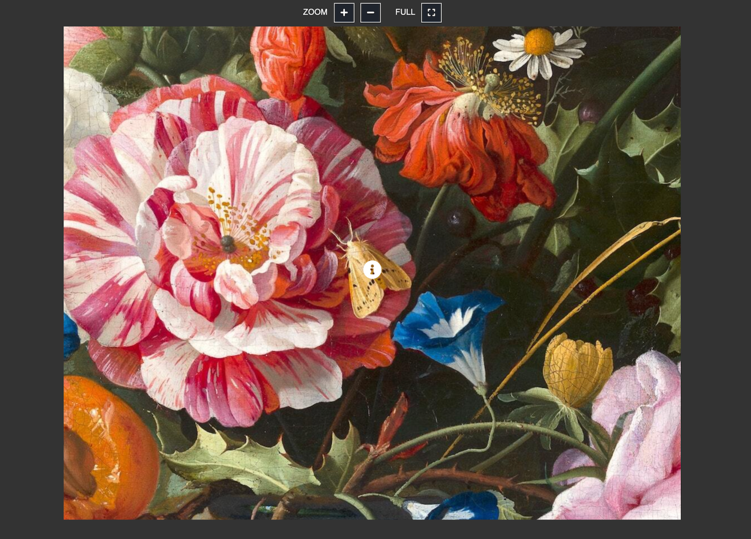 painting of a vase with flowers and fruits zoomed very far into the center to show added detail in a large image