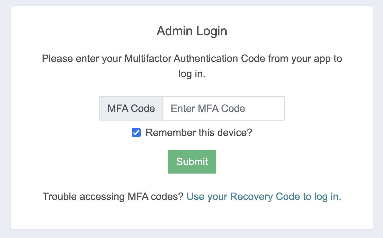 screenshot of the MFA step of the CaFE login page.