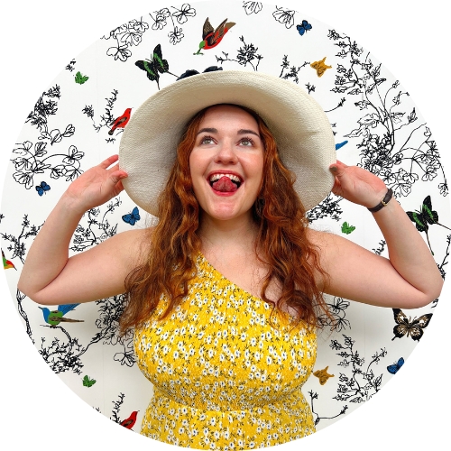 headshot of Blair Carpenter in front of a patterned background of birds and flowers