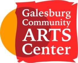 Galesburg Community Arts Center placed on top of an orange circle and red square.