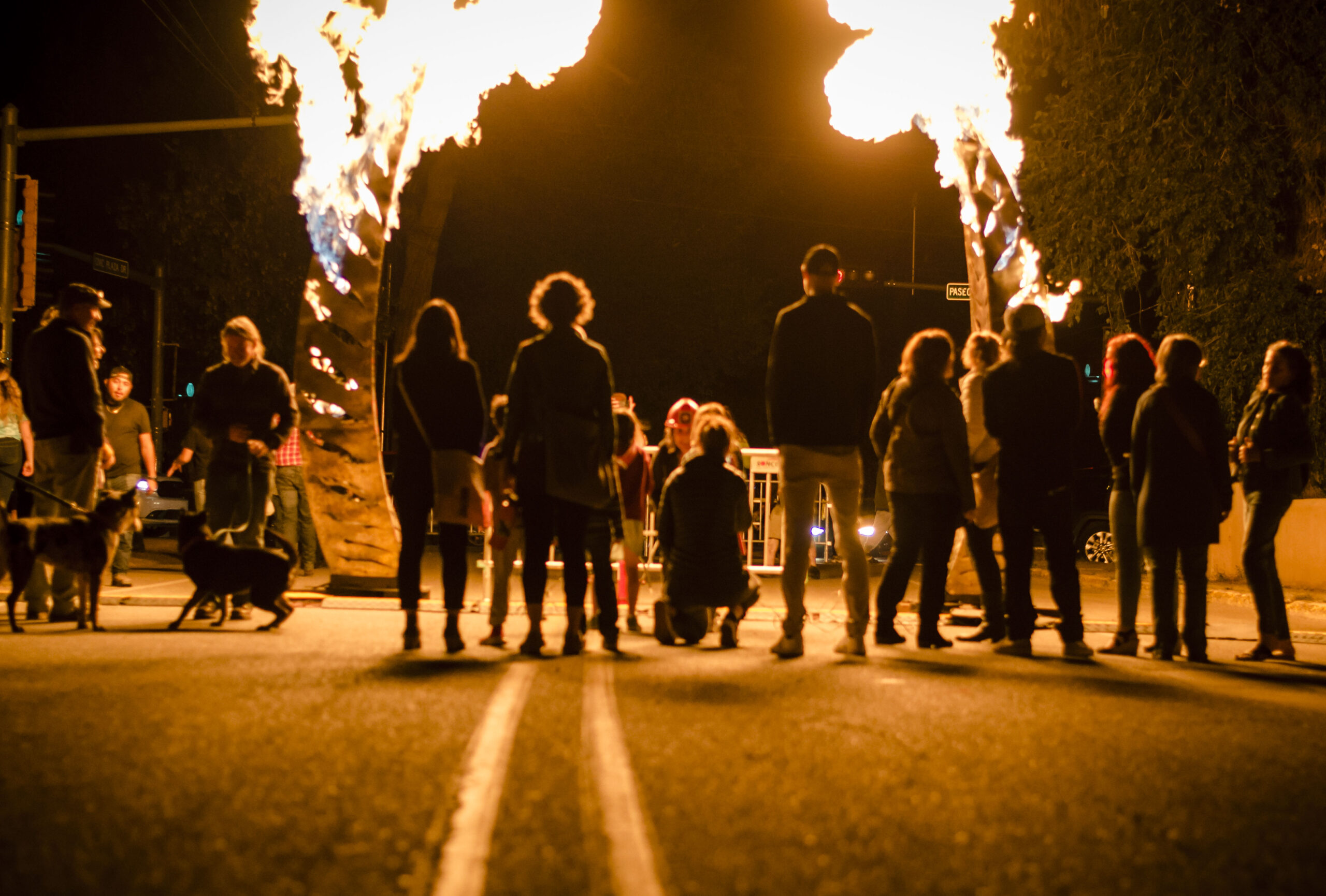 An image of a bunch of people outside looking at fire sculptures.