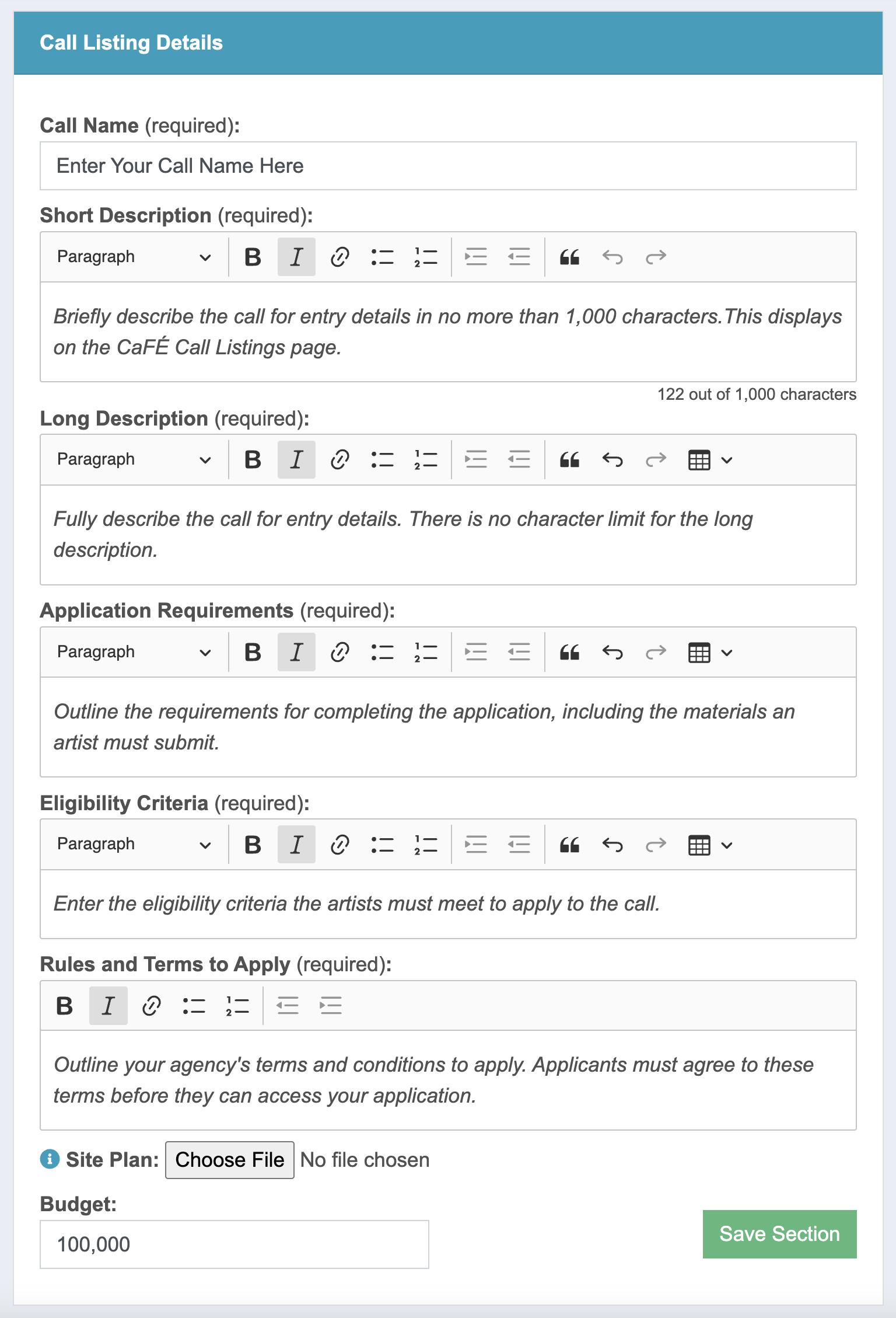 Screenshot of the Call Listing detail section where admins can list out all of their application requirements.