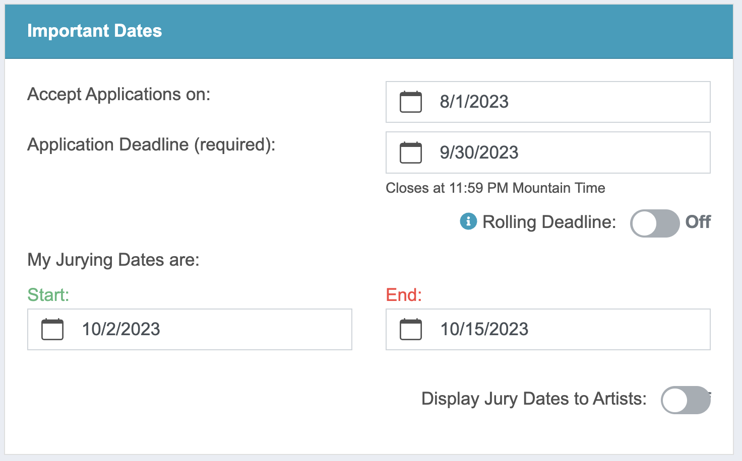 Screenshot of the important dates section where admins can set their app deadline and jury dates