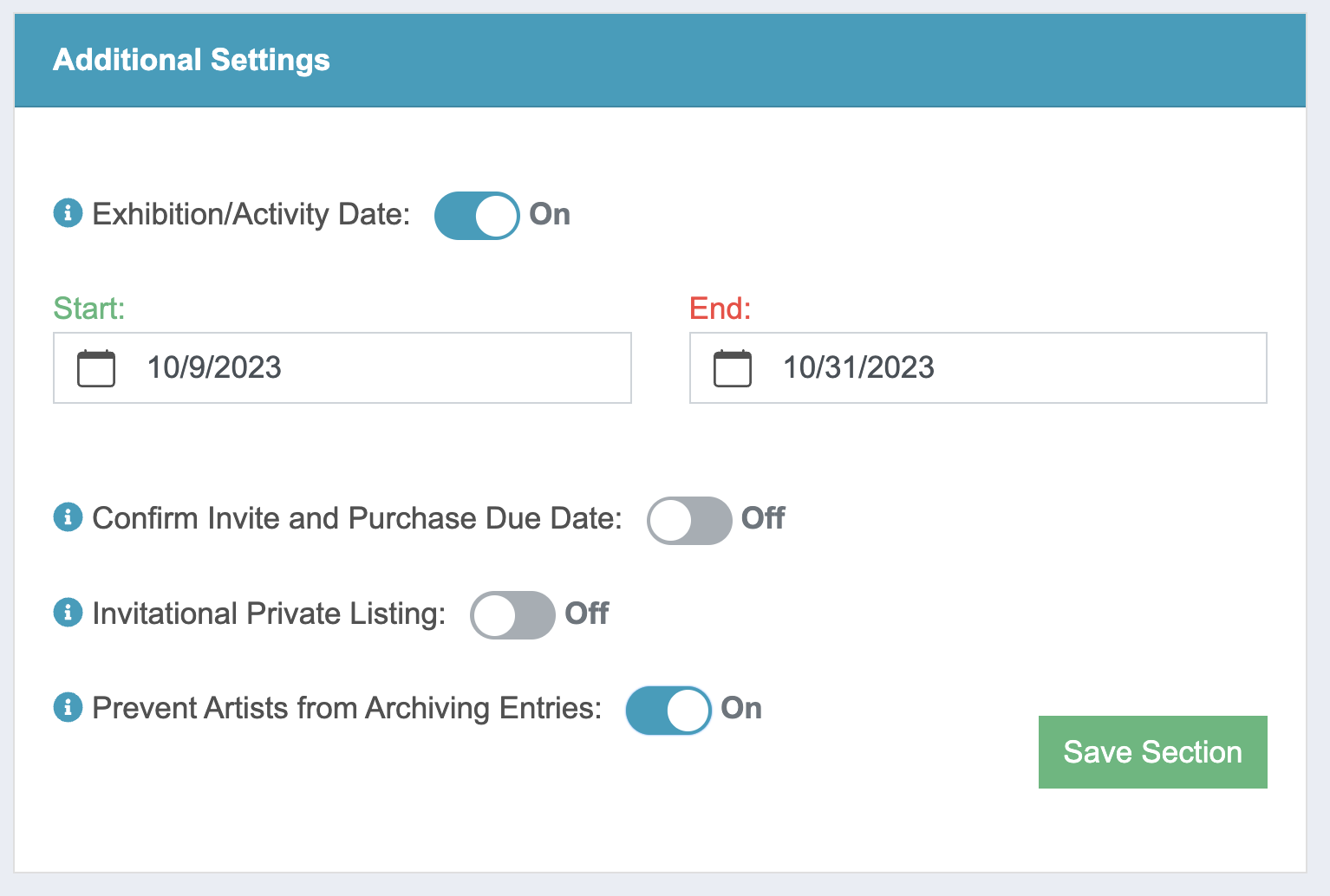 Screenshot of the additional settings section where users can determining if their call will be private, have post-deadline fees, etc.