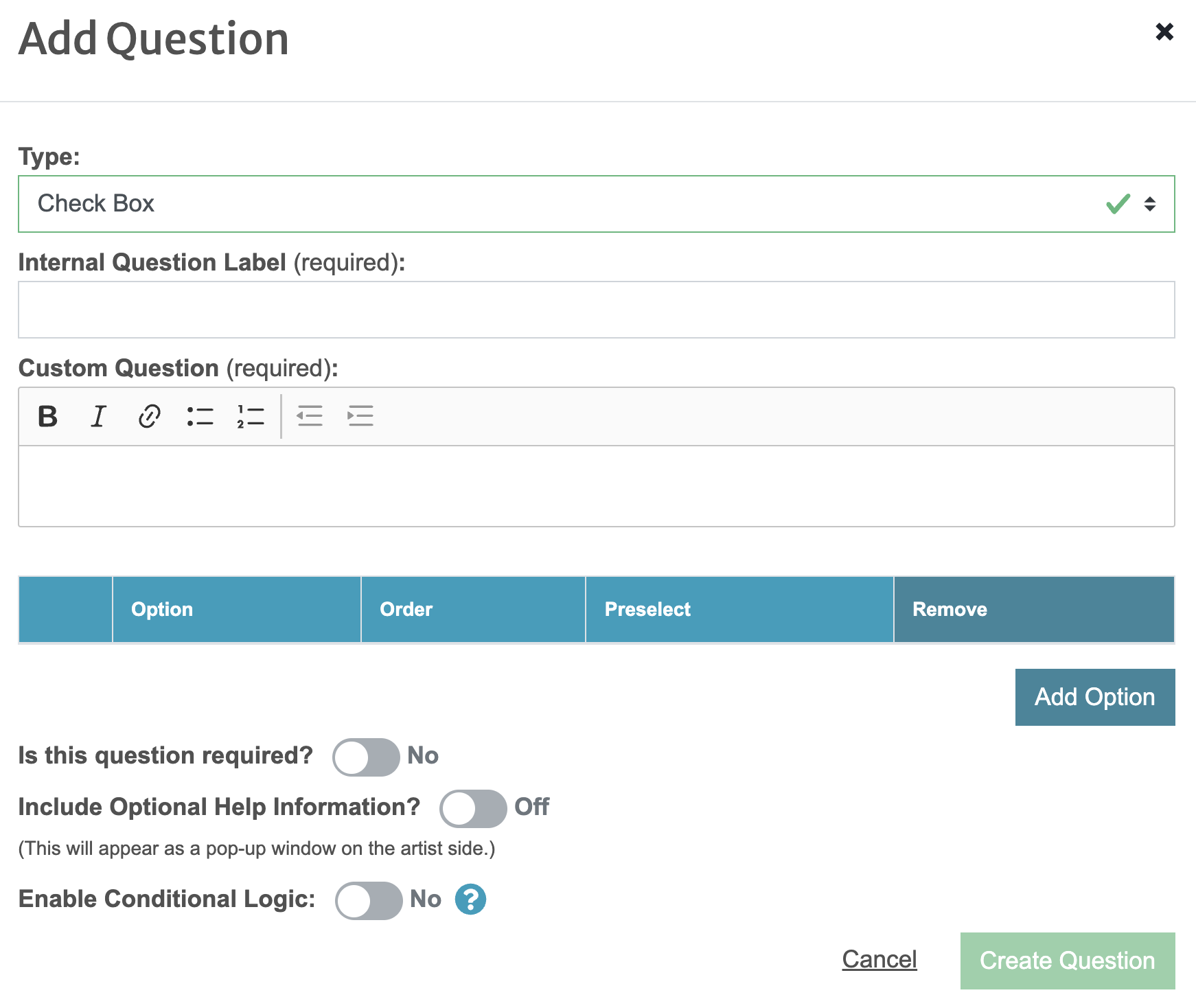 Screenshot of the adding question where users can choose the question type, write the question, and include options for applicants.