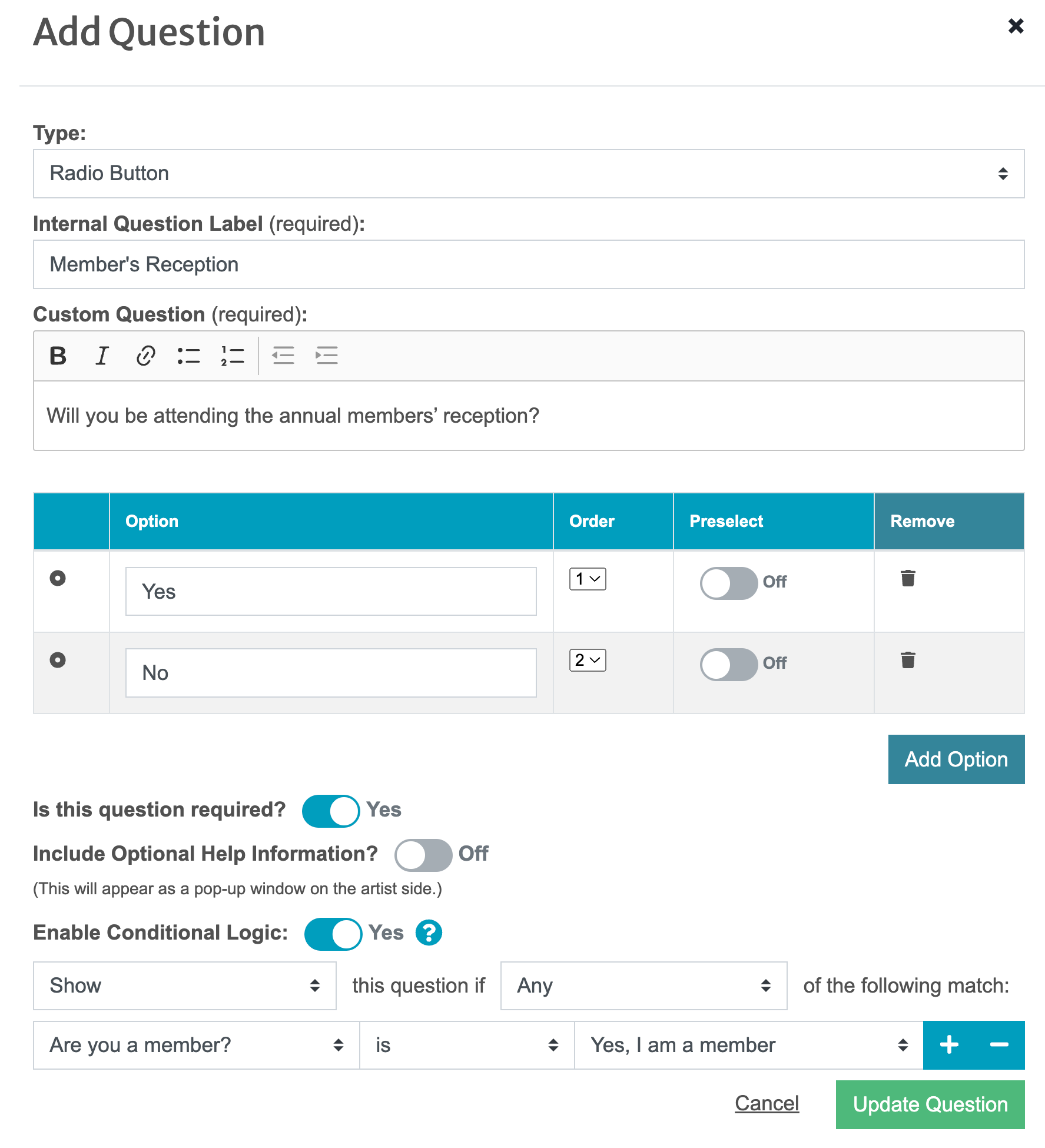 screenshot of question editor in CaFÉ with conditional logic rules set up