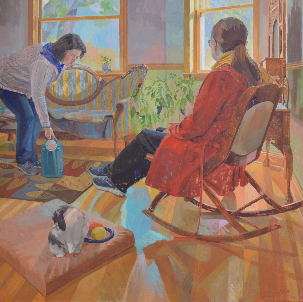 Oil painting of one woman sitting on a rocking chair and another bending down to pick up a watering can.
