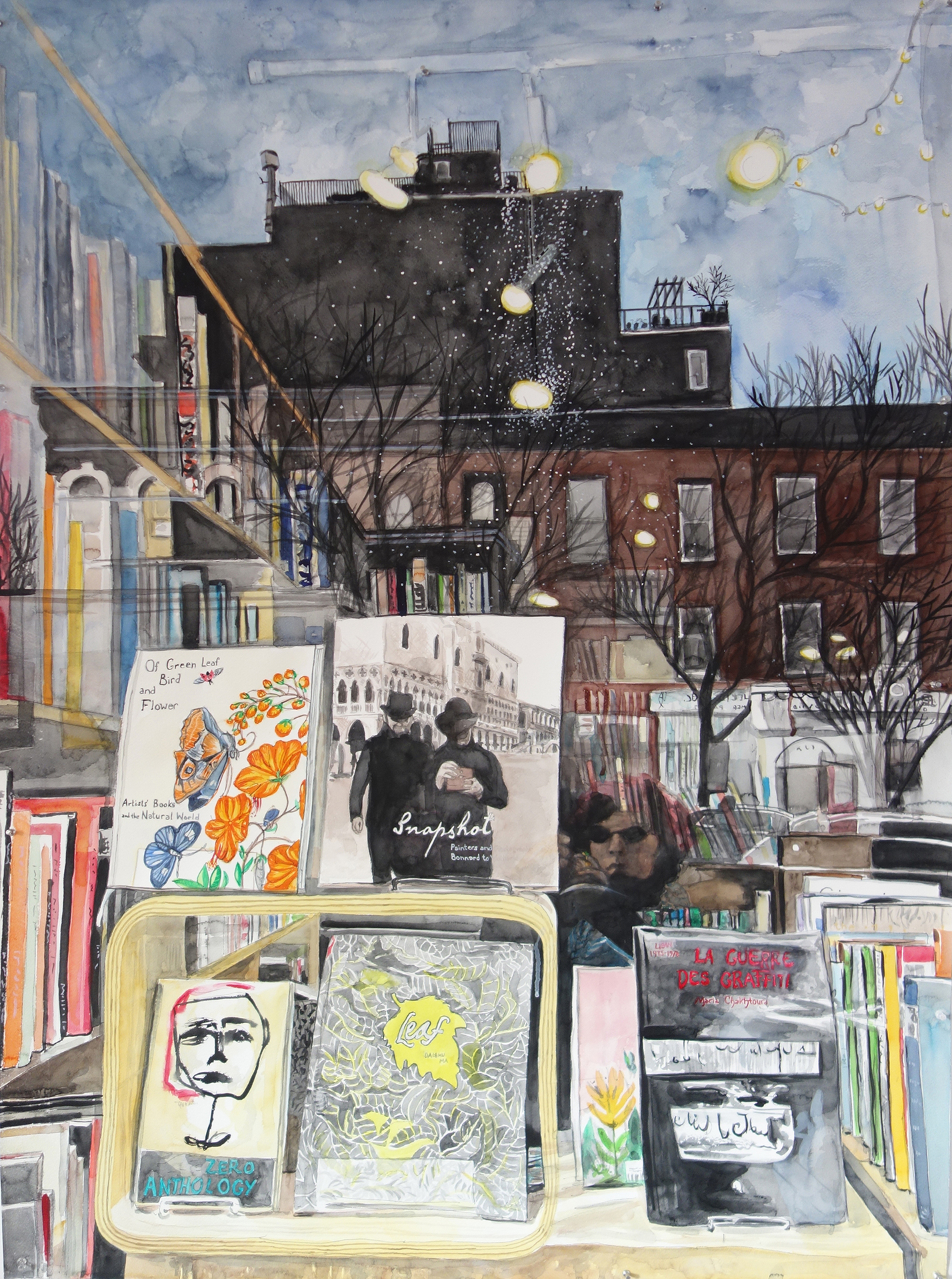 Watercolor painting of several books displayed in the window of a bookstore.