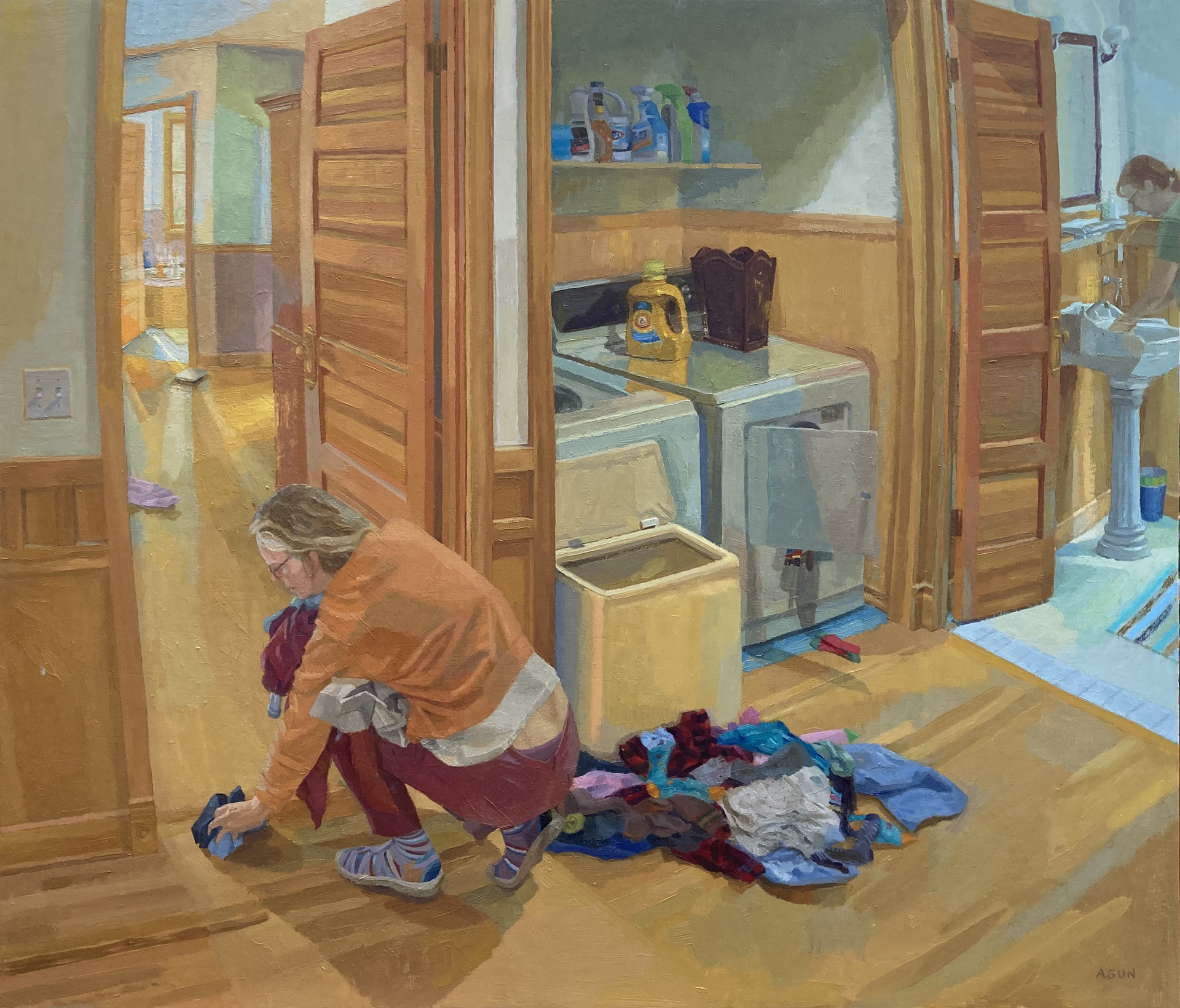 Oil painting of a woman doing laundry.