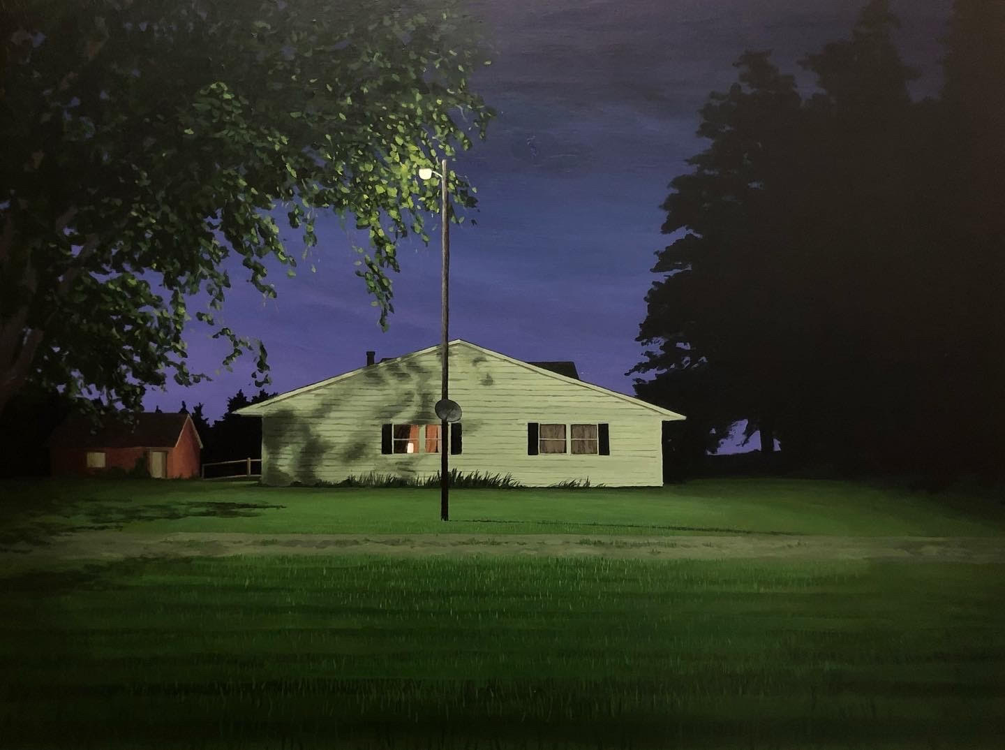 Acrylic painting of a white house at night lit by a street lamp.