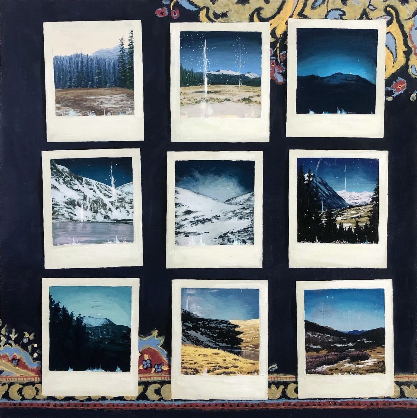 Acrylic painting of 9 polaroid pictures each depicting landscapes.