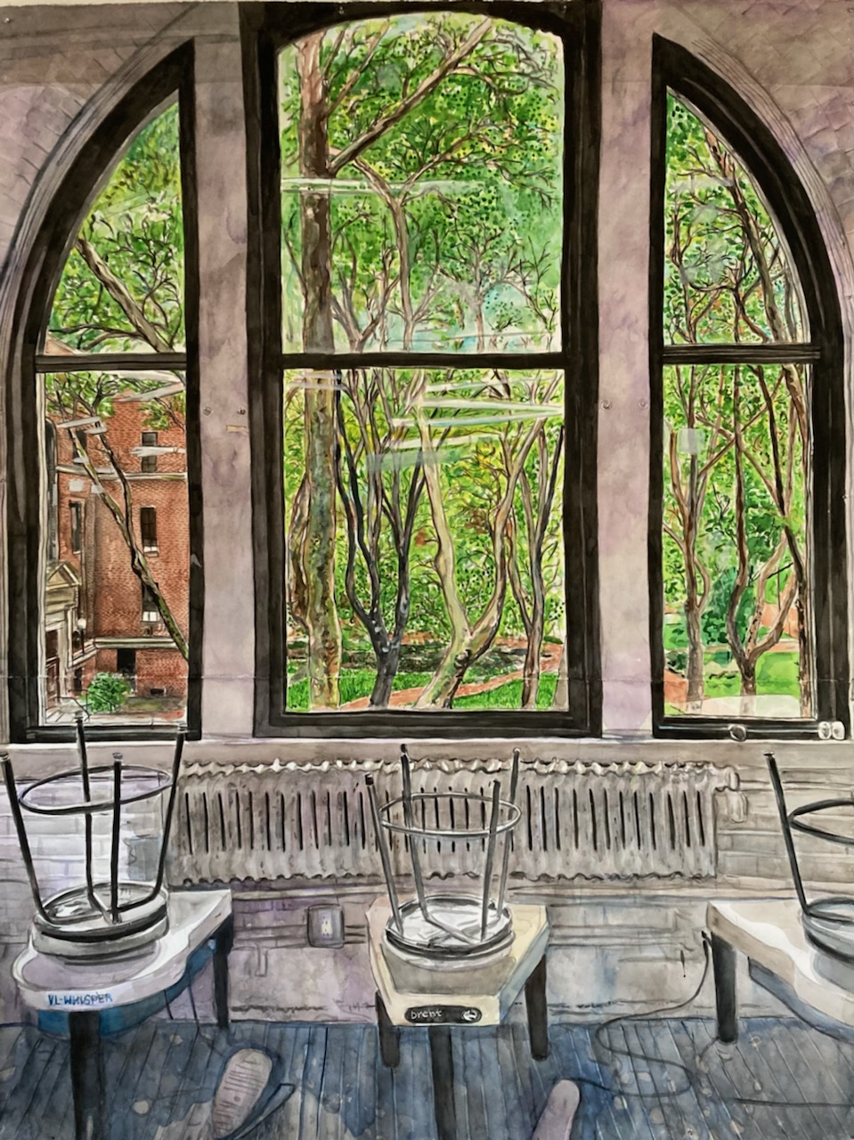 Watercolor painting of the inside of a ceramics studio with a large arched window that has trees on the outside.
