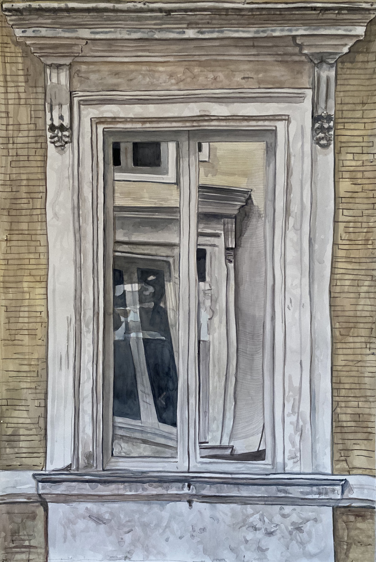 watercolor painting of a window reflecting off another window of a beige brick building.