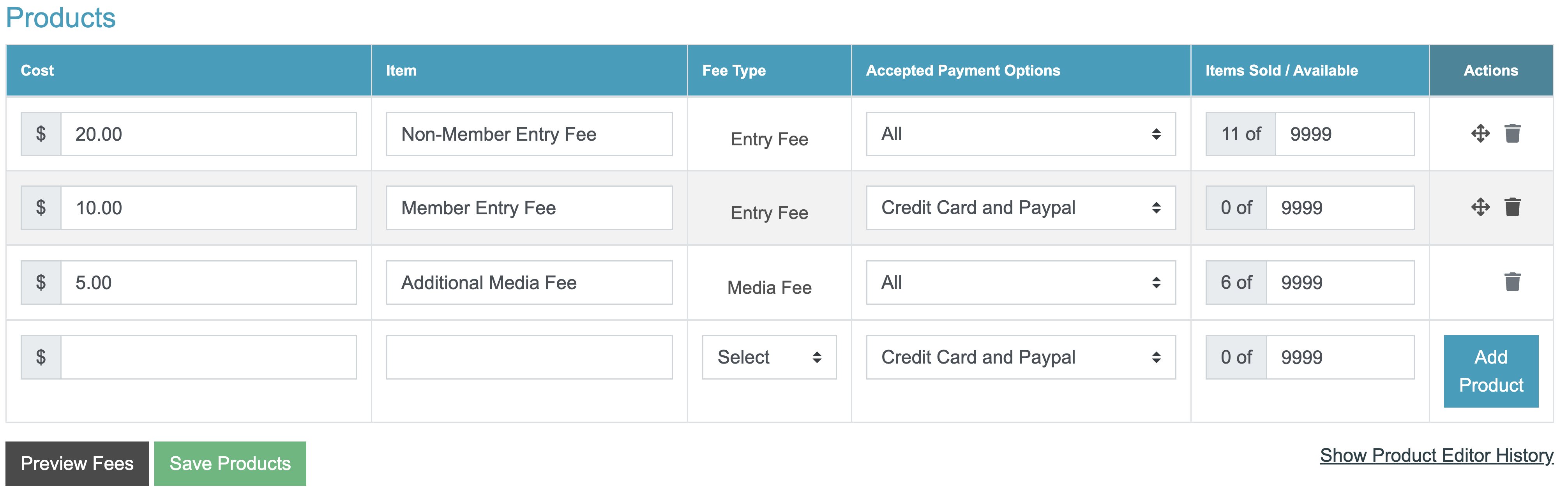 Screenshot of the product editor where admins can set up their fees.
