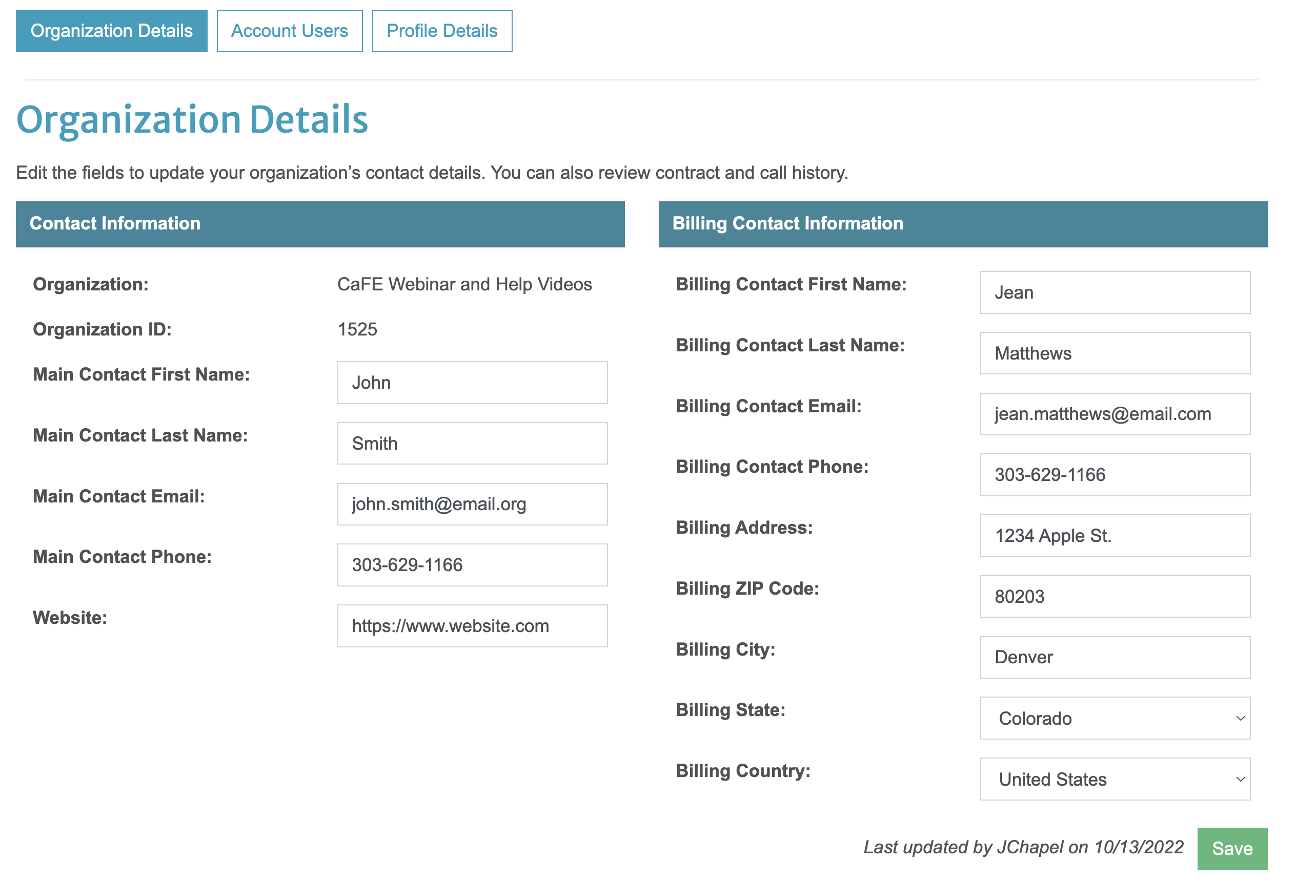 screenshot of the organization details page that lists the contact and billing information fields.