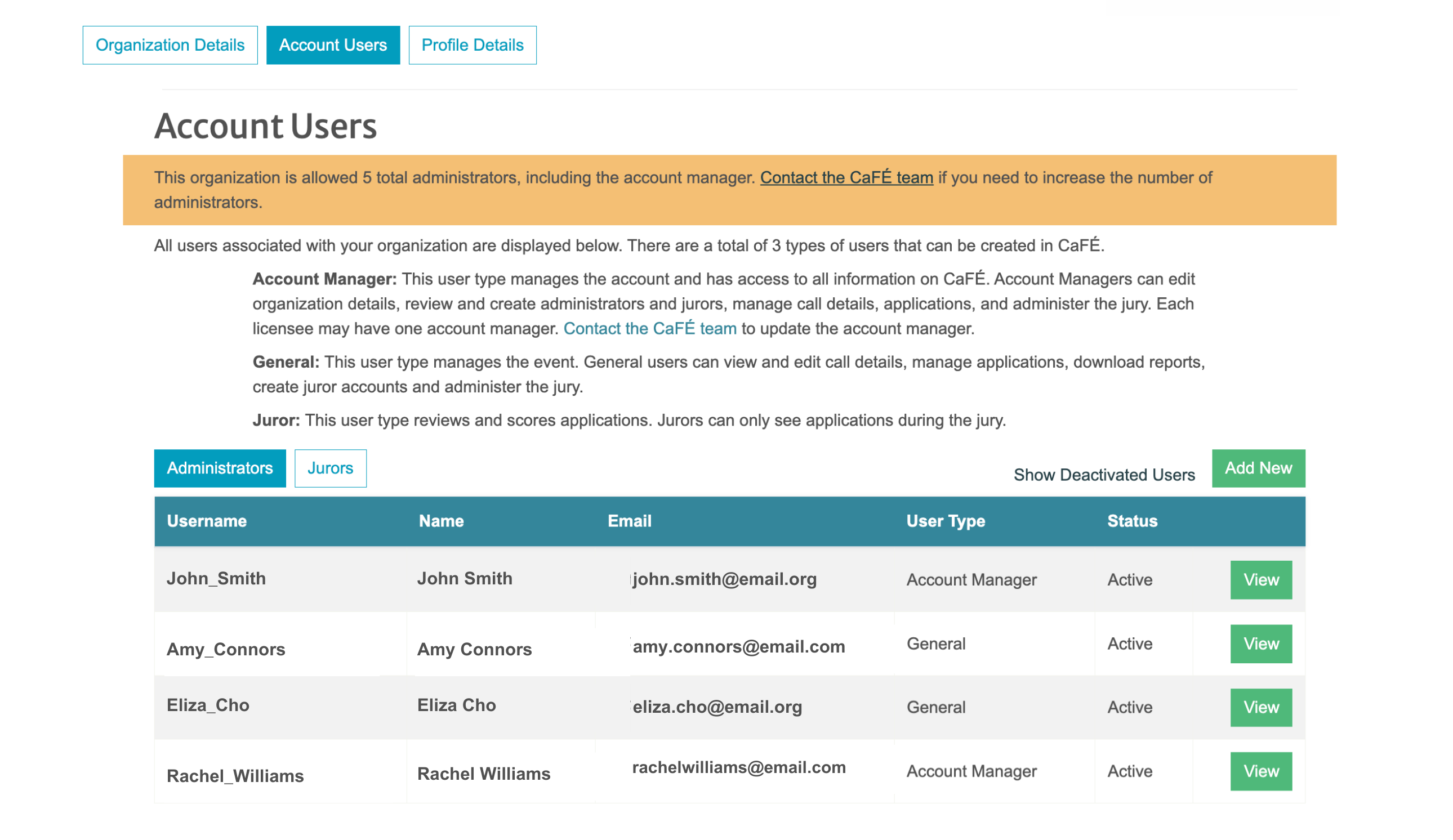 screenshot of the Account Users page showing the list of active and deactivated users