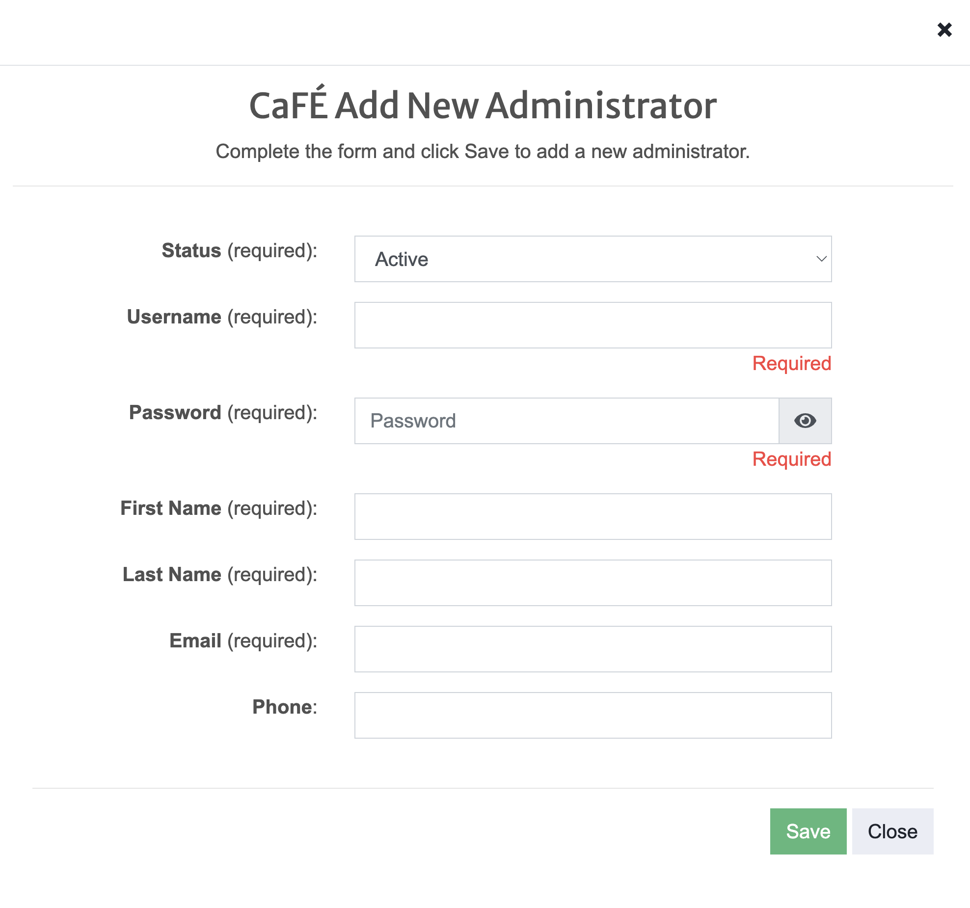 screenshot of the CaFÉ Add New Administrator page