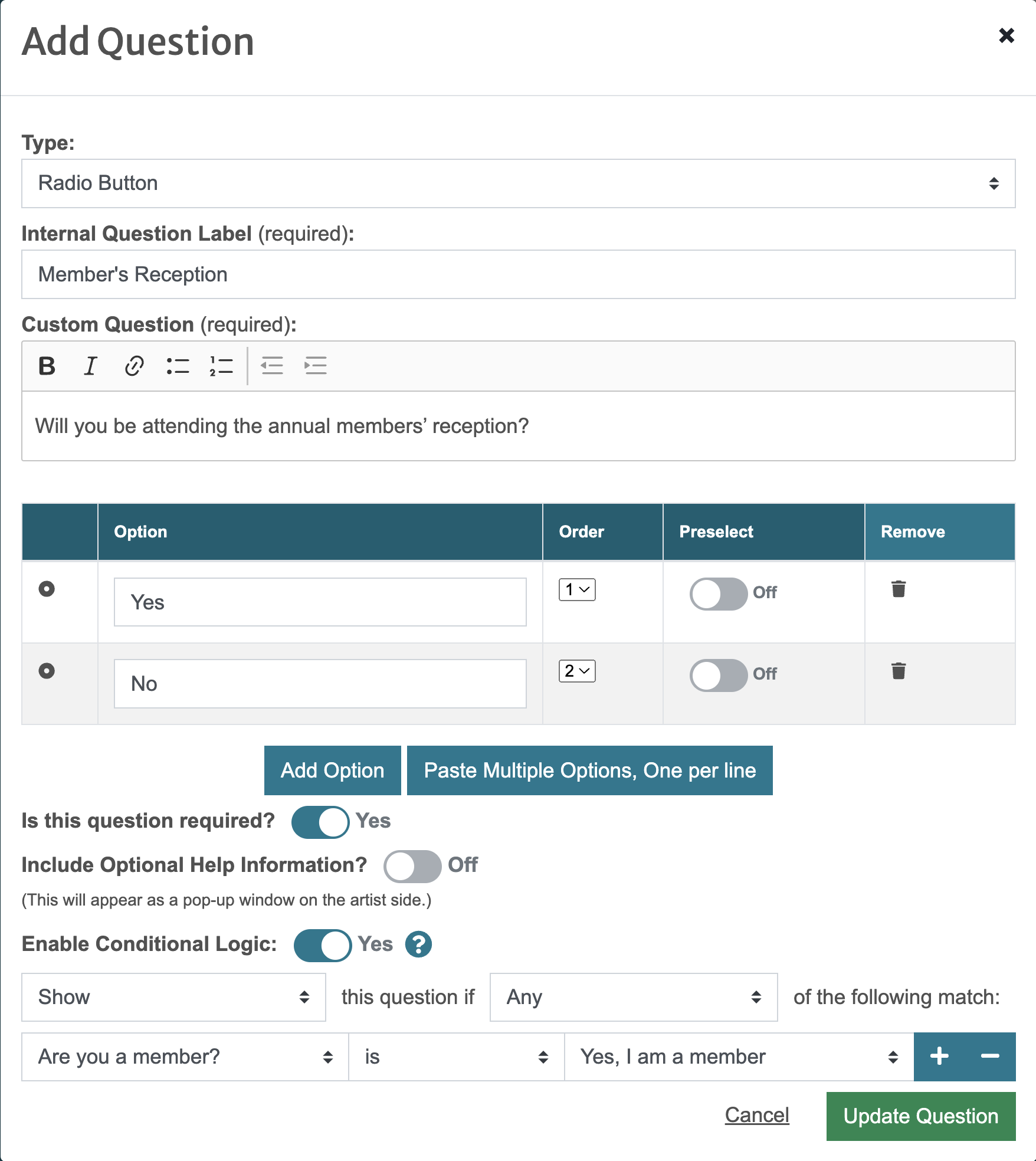 screenshot of question editor in CaFÉ with conditional logic rules set up