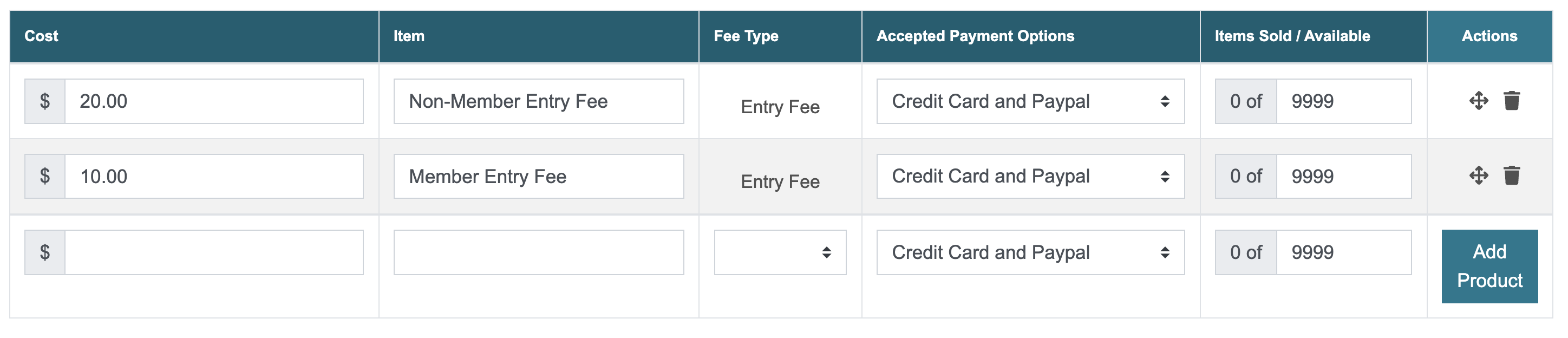 Screenshot of the product editor where admins can set up their fees.