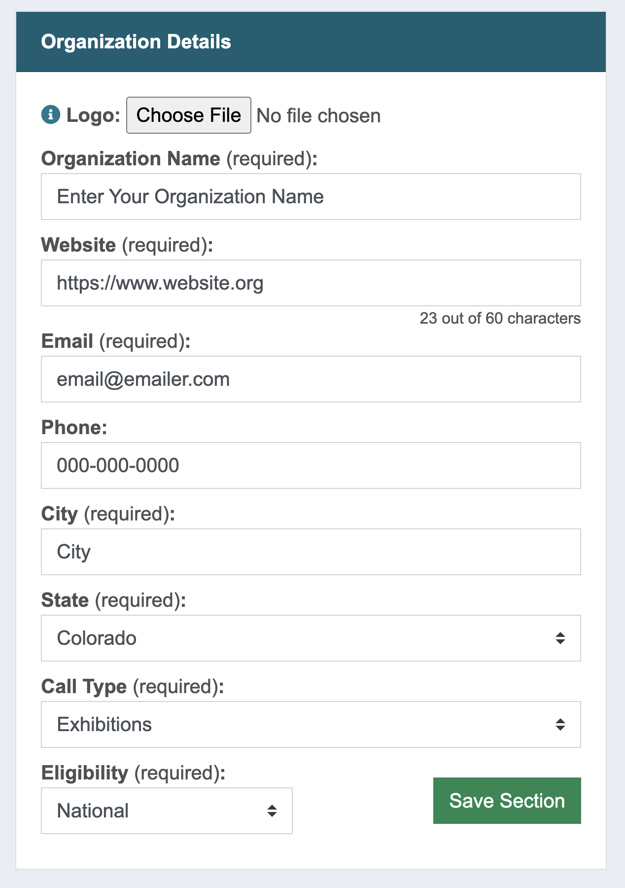 Screenshot of the organization details section.