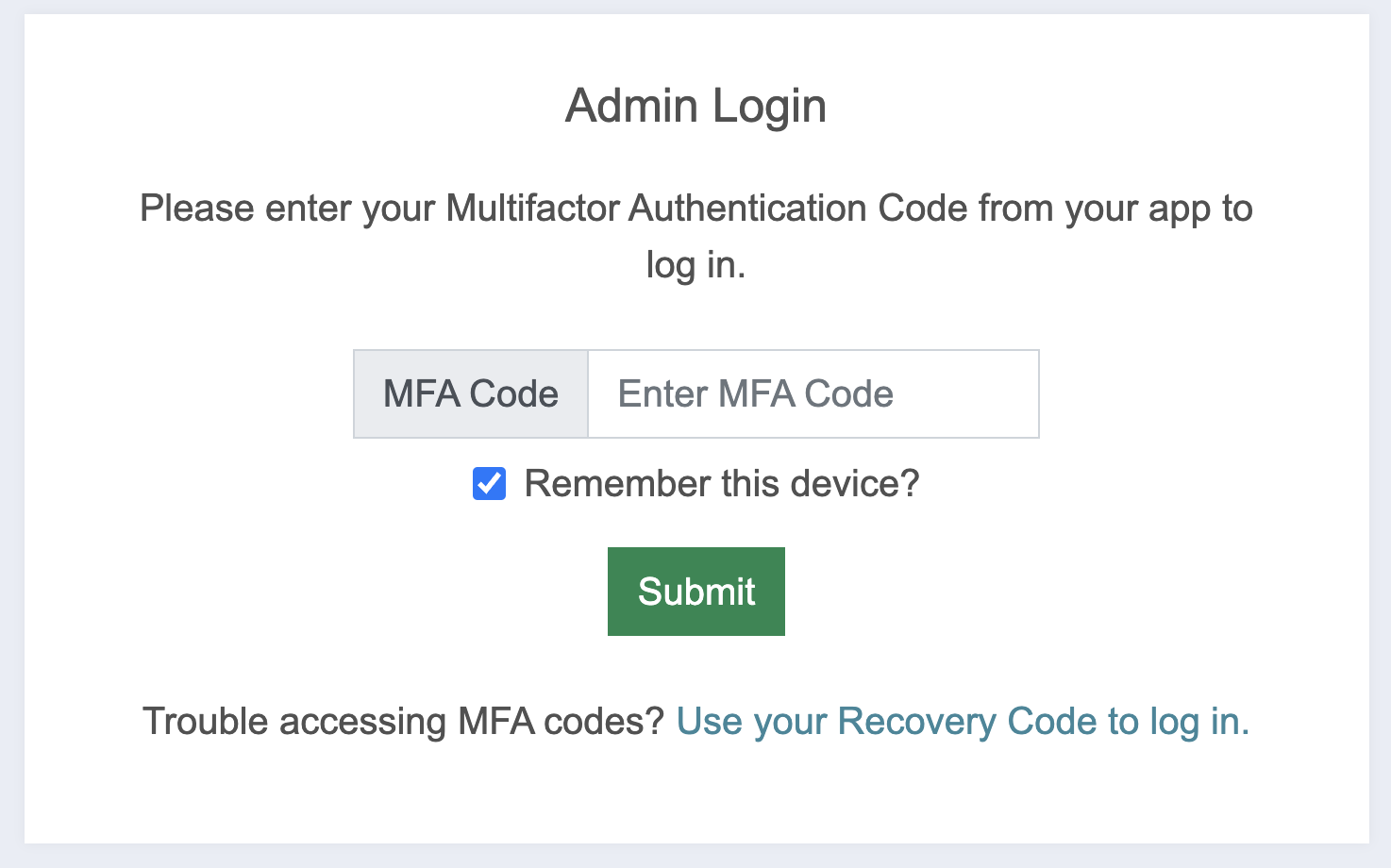 screenshot of the MFA step of the login page